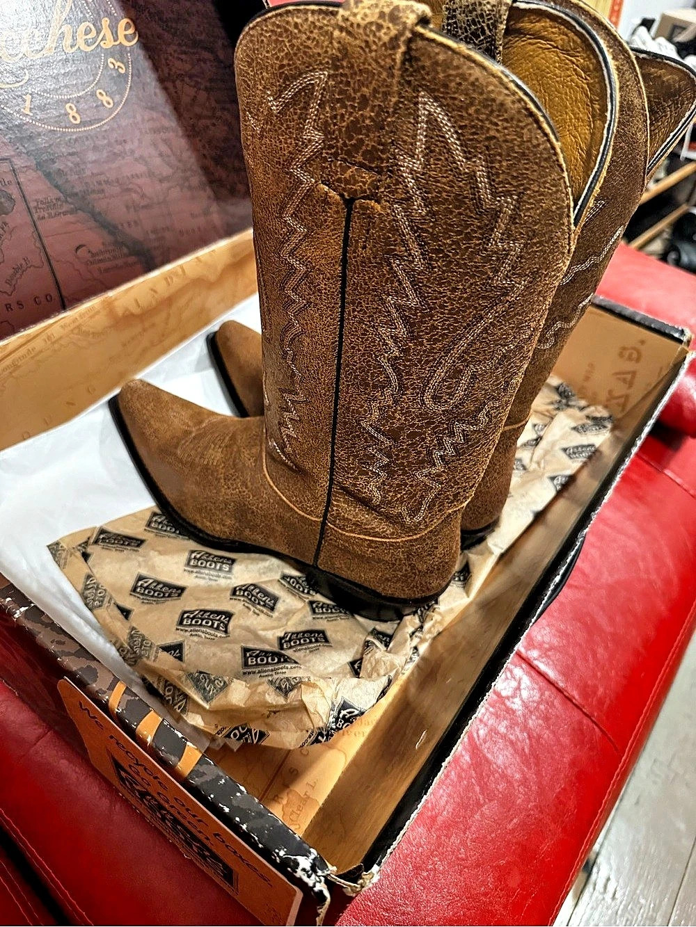 Lucchese Women's Western CowboyDistressed Brown Leather, Snip Toe – New in Box